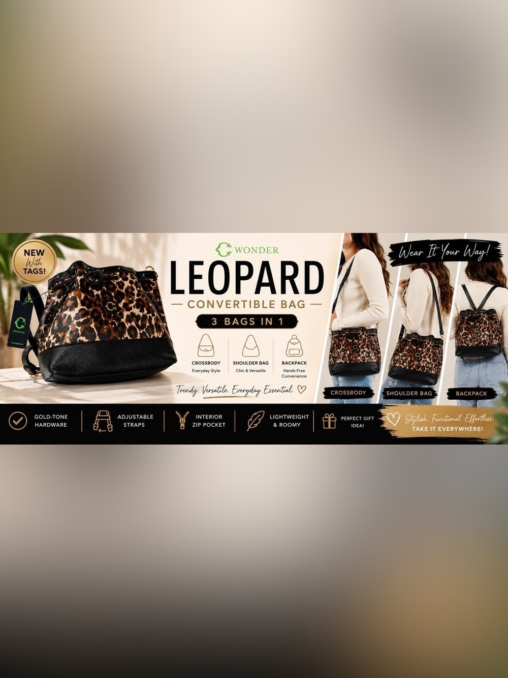 C Wonder Leopard Print Convertible Backpack Crossbody Bucket Bag NWT